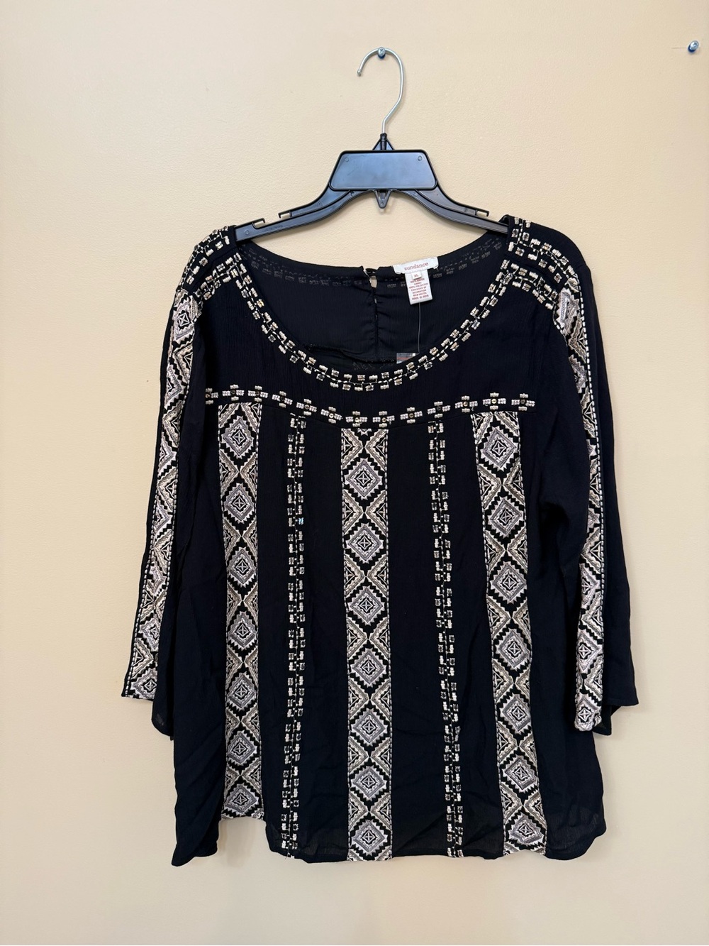 Sundance Black Tunic with Cream Geometric Embroidery